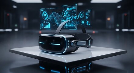 Futuristic VR Headset Displaying Holographic Data Visualization on a Modern Platform in a Dark Setting