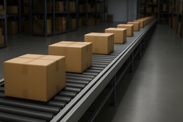 Automated conveyor belt moving boxes no people