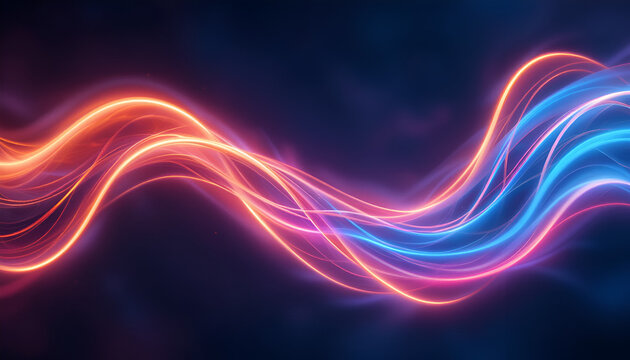 Intertwined luminous ribbons of electric blue and fiery orange light create a mesmerizing visual effect, suggesting a powerful flow of energy in a dark, abstract space