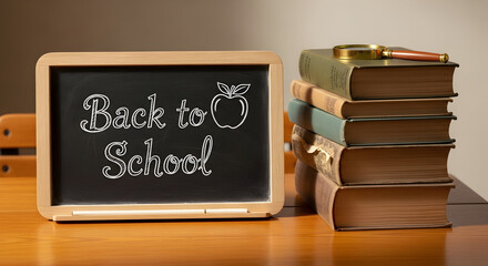 Chalkboard with back to school message and stack of old books with magnifying glass on wooden table
