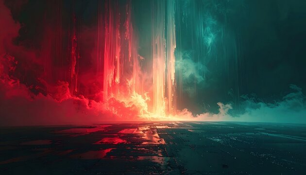 Surreal scene of cascading red and teal light pillars falling into reflective ground evoking sense of cosmic gateway energy portal futuristic dream