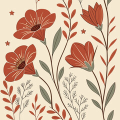 Minimilist illustration depicting a floral arrangement with terracotta flowers and green and brown stems design vector