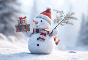 Charming snowman, rosy cheeks, red hat/scarf, holds gift boxes & pine sprig in snowy forest setting. Soft, wintery, holiday scene