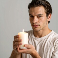 Man holding lit candle, serious gaze