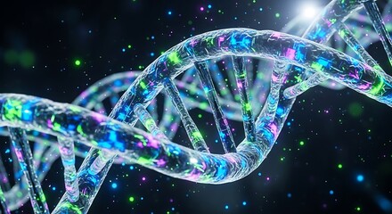 Colorful DNA Molecule Structure with Glowing Particles on Dark Background
