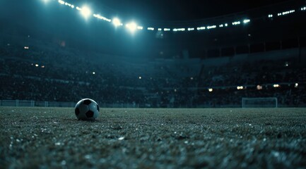 Soccer ball on grass field at stadium under bright lights. Crowd is visible in the background. Depth of field is very narrow