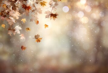 Fall foliage scene with sunlight streaming through branches and falling leaves, softly focused with a bokeh effect creating a warm, ethereal ambiance