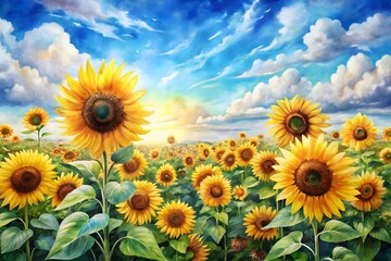 Fototapeta premium Vibrant sunflower field under a blue sky with fluffy clouds in a picturesque landscape