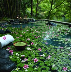 Serene pond with floating blossoms, green leaves, rolled towel and bowl, inviting relaxation amidst lush greenery