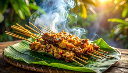 Delicious grilled satay skewers smoking on a fresh banana leaf, a classic Asian barbecue dish served outdoors in a tropical setting