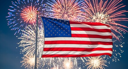 An American flag billows in the night sky, amidst vibrant fireworks displays.