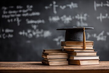 Graduation cap sits atop a stack of old books against a blackboard with chalked equations, evoking academic achievement and intellectual pursuits