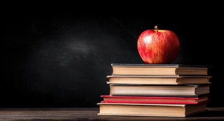 Stacked books with red apple on top, against a dark chalkboard background. Evokes academic atmosphere, knowledge, and learning