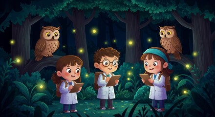 Cartoon Kids Scientists in Magical Forest with Owls