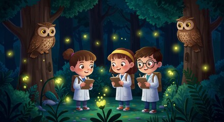 Cartoon Kids Scientists in Magical Forest with Owls2