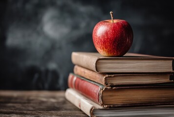 A stack of worn books with a bright red apple on top, set against a dark, blurred background suggesting study, knowledge, and learning