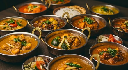 Assortment of indian curries in small copper bowls