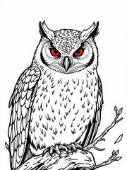 Minimilist detailed black and white drawing of an owl with striking red eyes perched on a branch in a forest scene vector