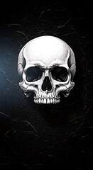 A detailed grayscale illustration of a human skull set against a textured dark background.