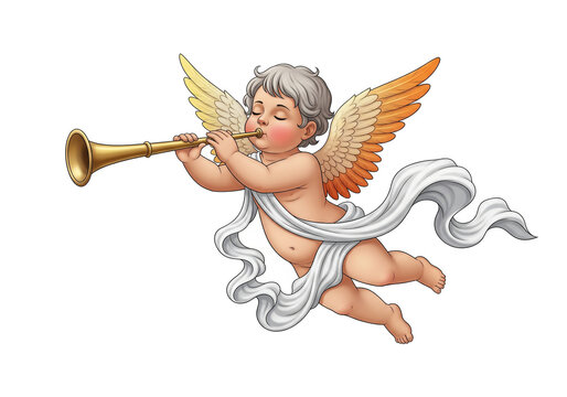 A baby angel or cherub blowing a golden horn image picture, Cupid Image Isolated, Angel blowing Golden Horn Isolated Image.