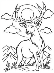 Minimilist detailed line art of a deer with large antlers standing in a mountain landscape with clouds and a sun vector