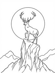 Minimilist illustration of a deer standing on a rocky peak with mountains and a circle in the background design vector