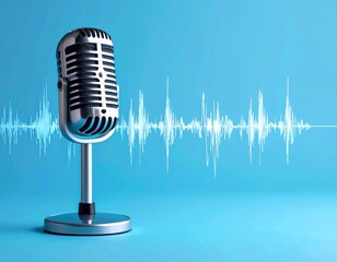Silver retro microphone stands against a sky blue backdrop with a stylized, undulating sound wave pattern