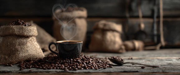 A steaming mug of coffee on a wooden table surrounded by beans and burlap sacks, with heart-shaped steam rising above