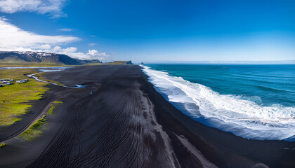 Aerial view of Reynisfjara black sand beach with turquoise ocean waves and green hills