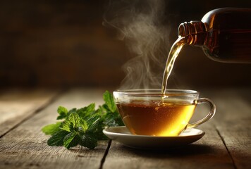 Pouring hot, light-brown liquid from a glass bottle into a clear teacup next to sprigs of green mint on a weathered wooden table