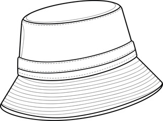 Bucket hat technical sketch, fashion flat drawing, headwear design template, detailed outline for apparel design, unisex bucket cap vector illustration