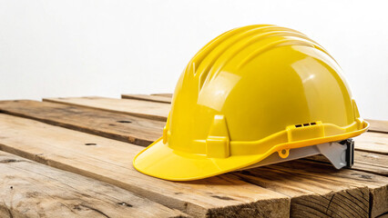 Safety helmet resting on wooden planks in a construction setting during daytime work hours