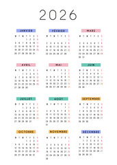 2026 calendar in modern square design with colorful monthly headers. Minimal typography and clean layout for planning and scheduling. Printable yearly planner template in Spanish language.