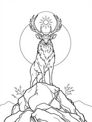 Minimilist a majestic deer standing atop a rocky mountain peak with a sun halo behind its antlers design art vector