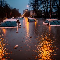 Cars submerged in a flooded city street at twilight, reflecting the ambient light.