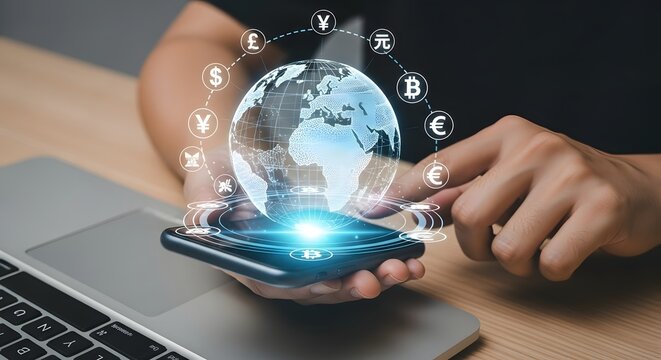 Global digital finance technology with cryptocurrency and mobile banking innovation - Powered by Adobe