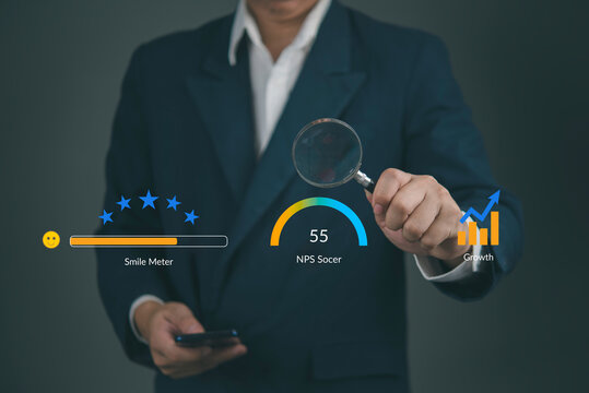Analytics, Feedback Person in suit examines survey results and KPIs with an NPS score dial and growth bars, emphasizing customer experience measurement and performance tracking concept.