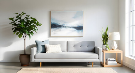 Clean and serene modern living room interior design, featuring a comfortable gray sofa, fresh green plants, and abstract art on a white wall, creating a bright and inviting home space