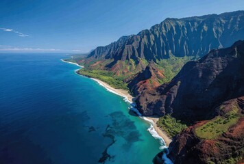 Aerial view of a rugged coastline with steep cliffs meeting the ocean, lush vegetation, and clear blue skies