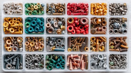 Variety of colorful screws and nuts organized in separate compartments for easy access