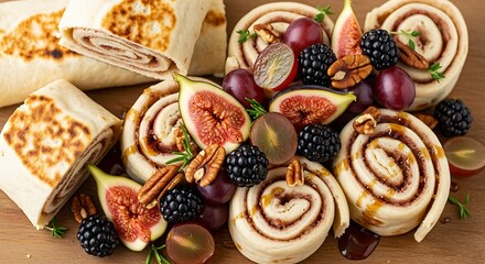 Deliciously arranged cinnamon rolls, figs, grapes, and blackberries, drizzled with honey, are presented on a wooden surface.