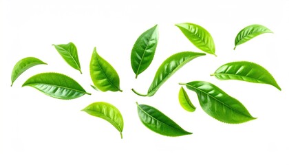 Bright green tea leaves scattered dynamically on a clean white surface, with varying sizes and angles, showcasing natural freshness