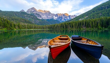 Scenic mountain lake with two wooden boats