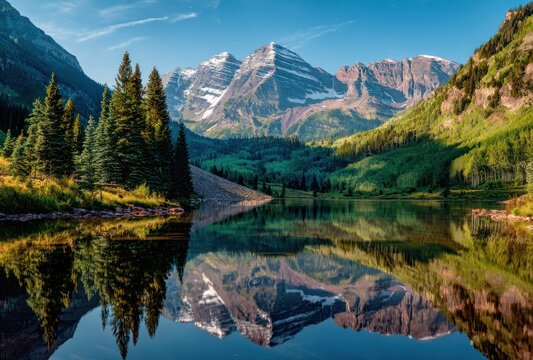 Mountain peaks reflected in a clear lake surrounded by green forest and bathed in soft light under a partly cloudy blue sky