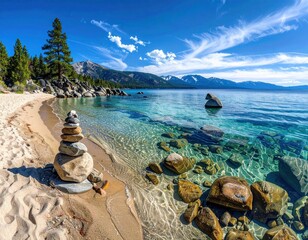 Serene lakeside vista featuring a stone cairn on a sandy beach, clear water, and distant snow-capped mountains under a blue sky