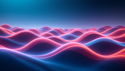 Abstract visualization of glowing pink and blue energy waves forming undulating surface shapes, representing a digital ocean or a cosmic phenomenon with vibrant light and subtle particle textures