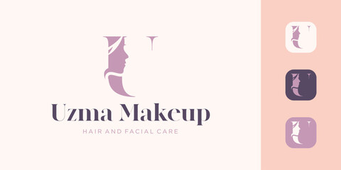 Stylish alphabet letter U featuring a woman's head silhouette, combining elegance and modern design—ideal for beauty, fashion, and branding projects.