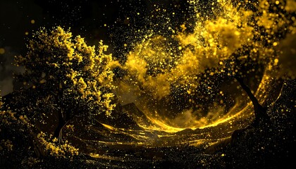 Fototapeta premium A mystical, glowing landscape. Golden particles and energy swirls around trees and mountains, suggesting a magical realm. The overall mood is ethereal and dreamlike