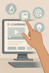 Hand Reaching Towards E-Learning Concepts on Computer Screen with Educational Icons