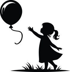 Silhouette of a little girl reaching for a floating balloon